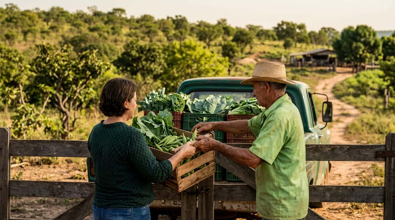 Caixa de verduras passando por cima da porteira, de quem plantou para quem vai comer