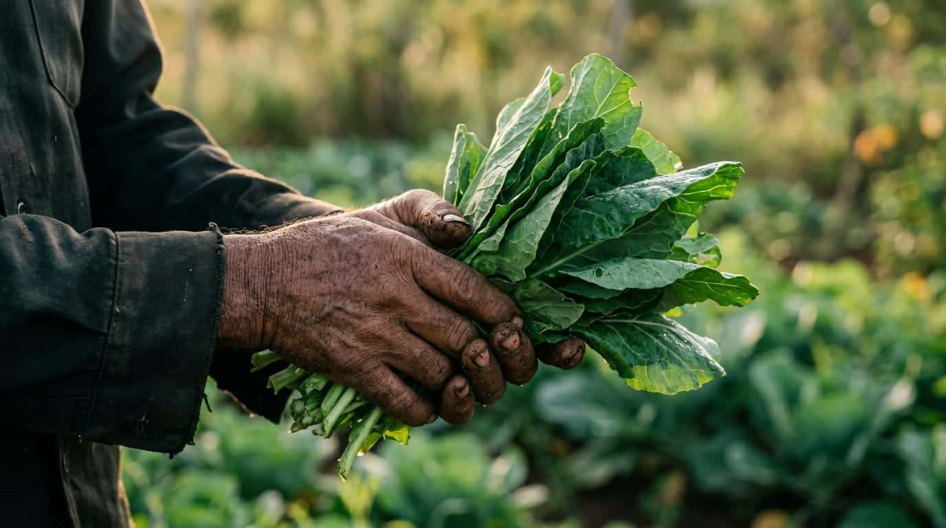 Mãos de quem planta segurando um maço de couve recém-colhida